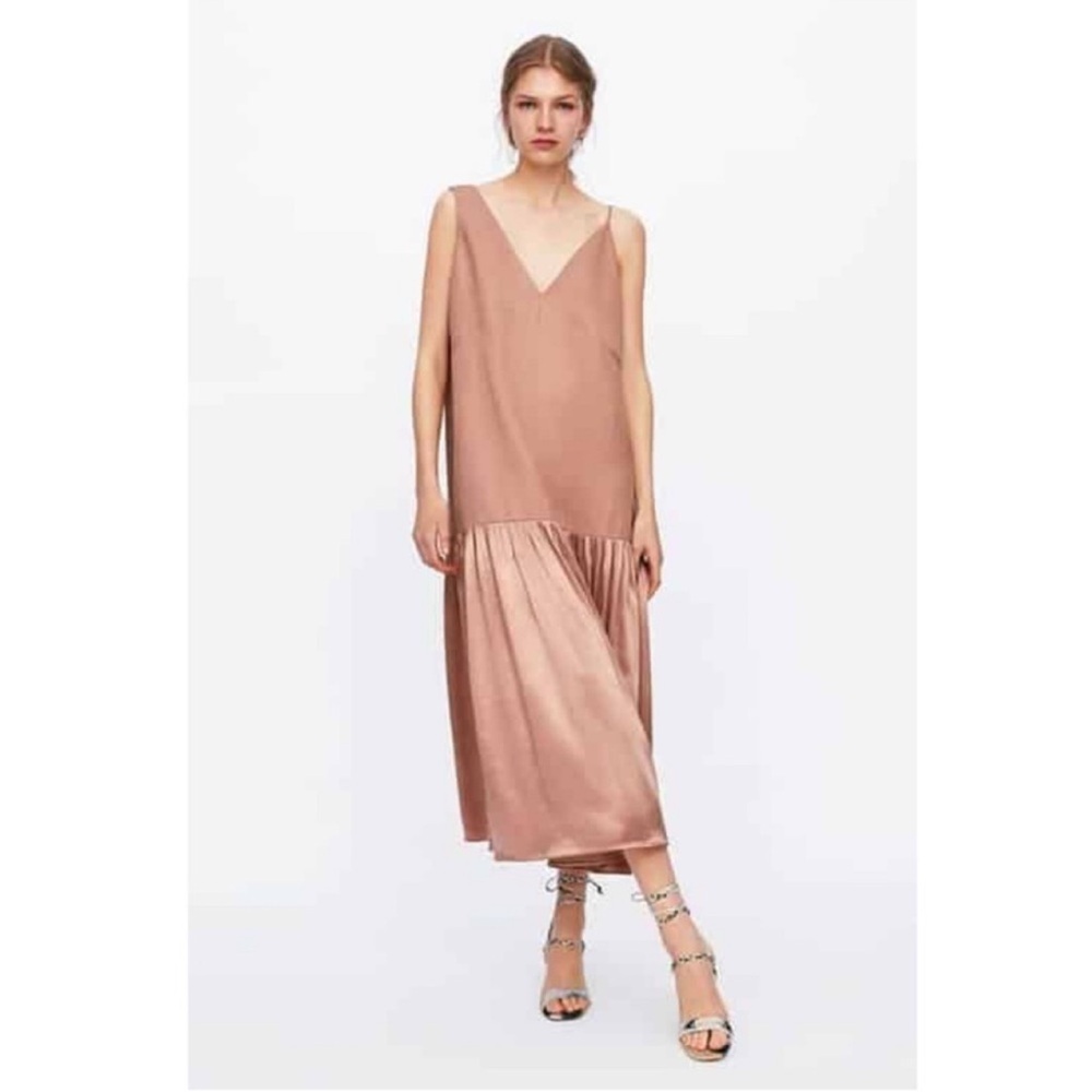 Zara Drop Waist Assymetrical Strap Dress Pleated Size Large Wedding Guest